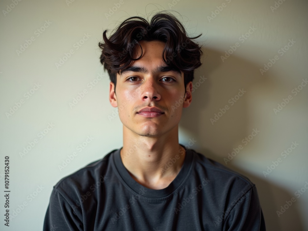 Fototapeta premium A young man with tousled hair sits calmly against a neutral backdrop, conveying a sense of tranquility and introspection in soft, natural light