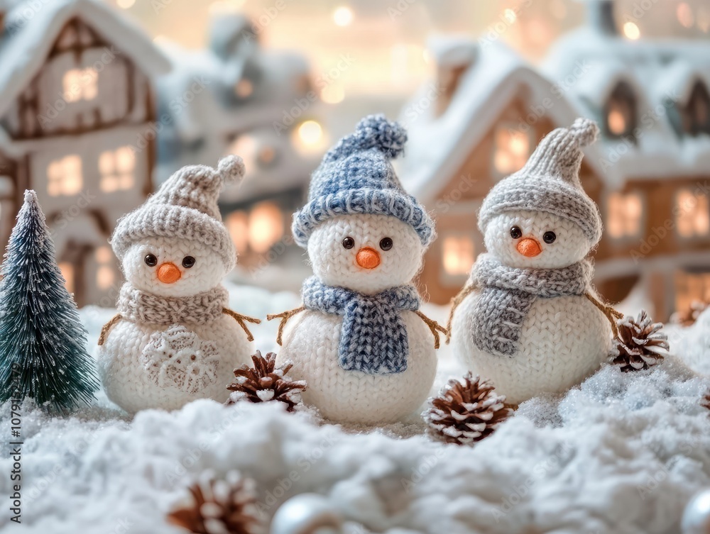 Obraz premium little knitted snowman's family on dreamy winter landscape. village, city with old houses, christmas tree. watercolor style