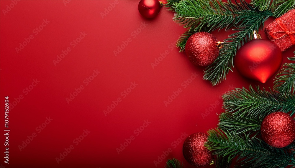 Flat lay border with branches spruce, red balls and christmas decoration on a red background Flat lay border with branches spruce, red balls and christmas decoration on a red background