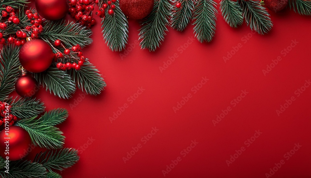 Flat lay border with branches spruce, red balls and christmas decoration on a red background Flat lay border with branches spruce, red balls and christmas decoration on a red background