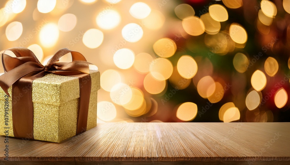 gift box on table with blur Christmas tree and golden festive bokeh light background for special holiday gift box on table with blur Christmas tree and golden festive bokeh light background for special holiday