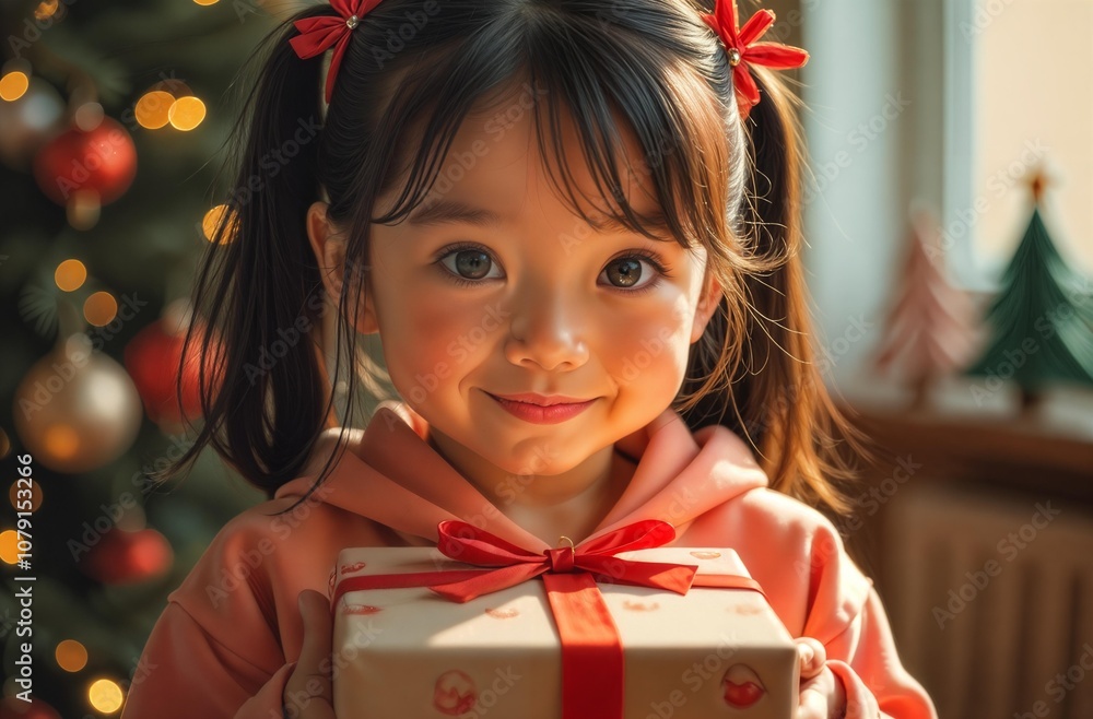 Little cute girl holding a wrapped gift with a red ribbon in front of a decorated Christmas tree Little cute girl holding a wrapped gift with a red ribbon in front of a decorated Christmas tree