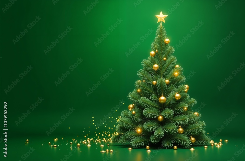 Beautiful Green Christmas Tree With Gold Ornaments And Star On Green Background Beautiful Green Christmas Tree With Gold Ornaments And Star On Green Background