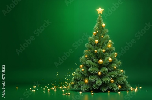 Beautiful Green Christmas Tree With Gold Ornaments And Star On Green Background