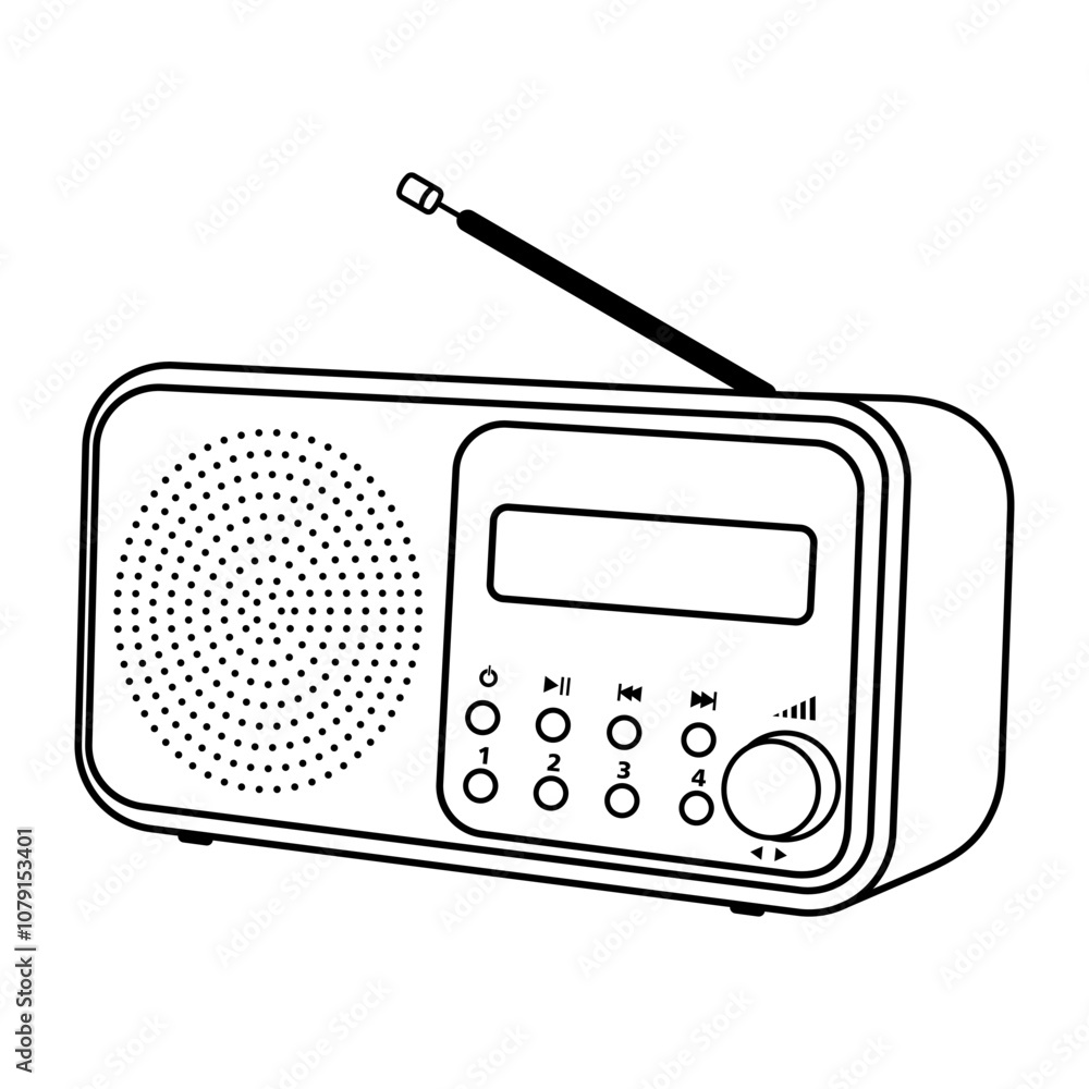 Retro Radio Vector Illustration. This is a black and white line art illustration of a retro-style radio. The radio features a circular speaker on the left side, a digital display screen on the right. Retro Radio Vector Illustration. This is a black and white line art illustration of a retro-style radio. The radio features a circular speaker on the left side, a digital display screen on the right.