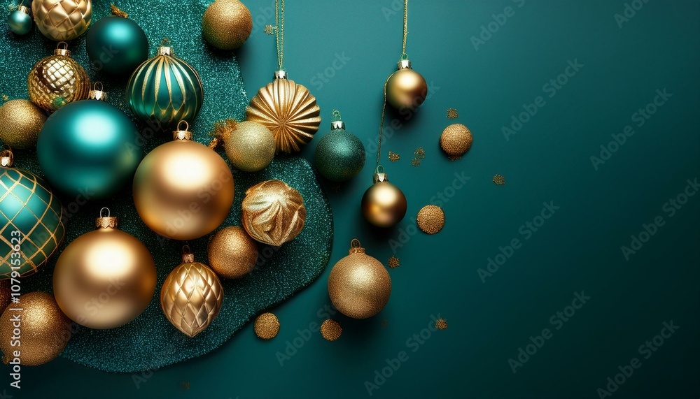Luxury Christmas Baubels. Teal and Gold Festive Background. Luxury Christmas Baubels. Teal and Gold Festive Background.