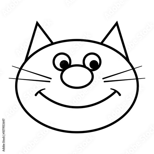 Smiling Cat Face Outline. This is a simple black and white line drawing of a cat's face. The cat has triangular ears that point upwards and six long whiskers, three on each side.