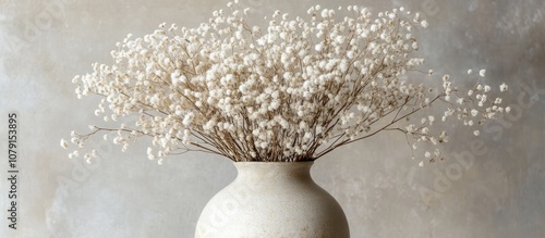 Close up of dried umbellate flowers elegantly displayed in a ceramic vase perfect for home decor and floral arrangements photo