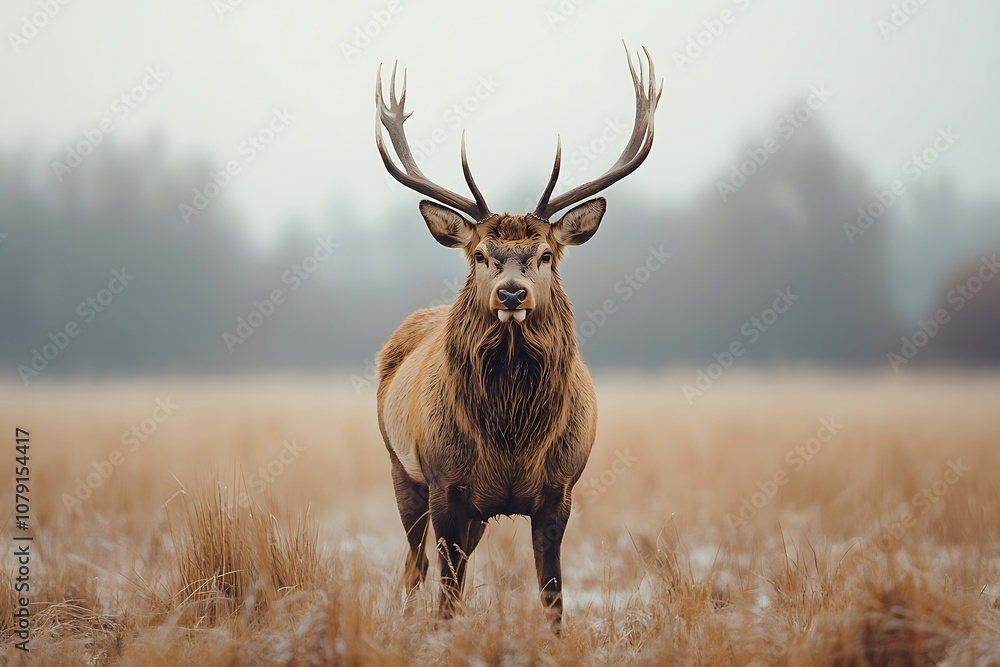 Majestic Deer Standing in a Hazy Field with Soft Grass Majestic Deer Standing in a Hazy Field with Soft Grass