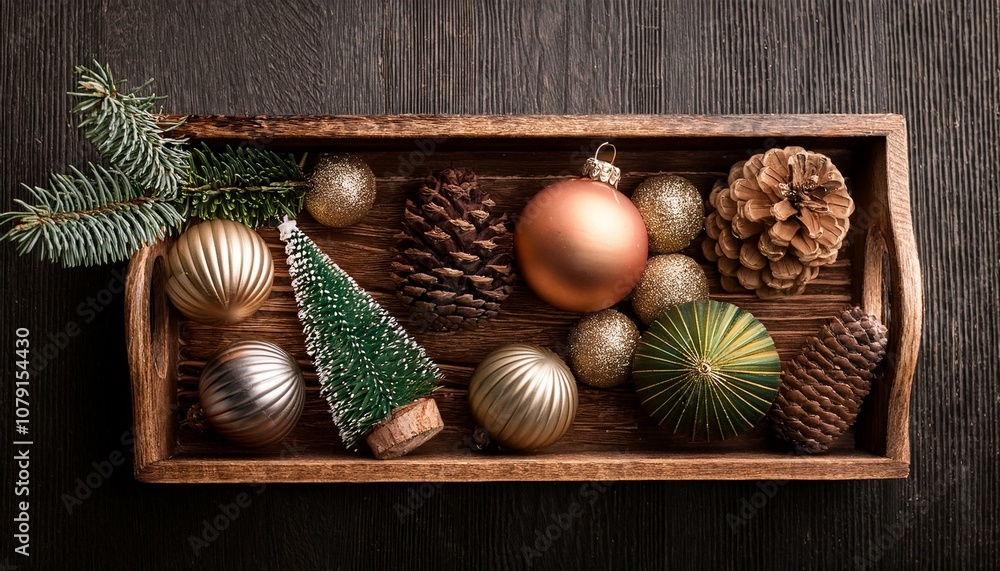 Traditional christmas decorations in wooden tray. Traditional christmas decorations in wooden tray.