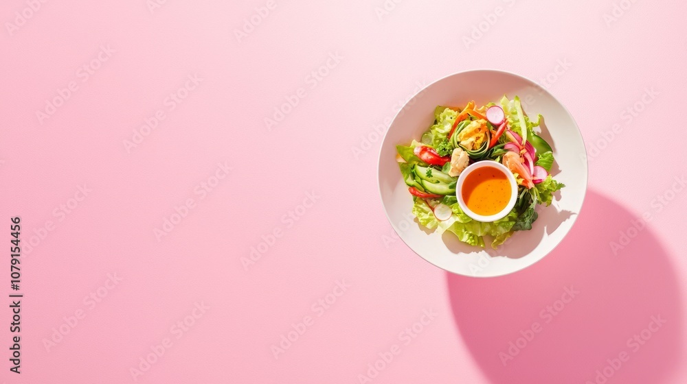 Exquisite Overhead View of Colorful Thai Salad Roll with Tangy Dipping Sauce on Plate | Fresh Ingredients Presentation Exquisite Overhead View of Colorful Thai Salad Roll with Tangy Dipping Sauce on Plate | Fresh Ingredients Presentation