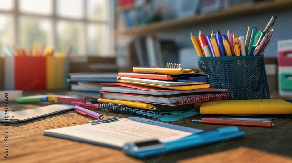 A messy student desk with stacked notebooks, colorful stationery supplies, and pencil holders in a classroom setting, capturing the essence of academic life and study materials A messy student desk with stacked notebooks, colorful stationery supplies, and pencil holders in a classroom setting, capturing the essence of academic life and study materials