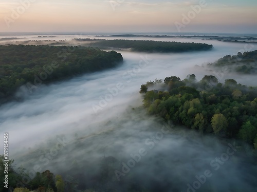 Aerial View of Foggy Forest with a River Winding Through