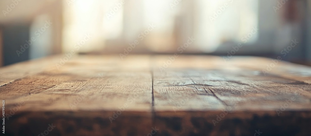 Close up of a rustic wooden table surface with a softly blurred background ideal for product display or interior design concepts Close up of a rustic wooden table surface with a softly blurred background ideal for product display or interior design concepts