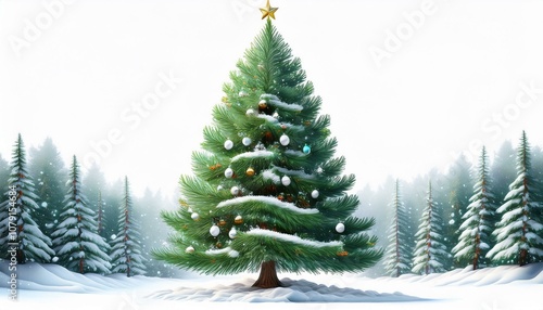 Vector illustration of decorated christmas tree in snow on white background. Green fluffy christmas pine, isolated on white background 1.4