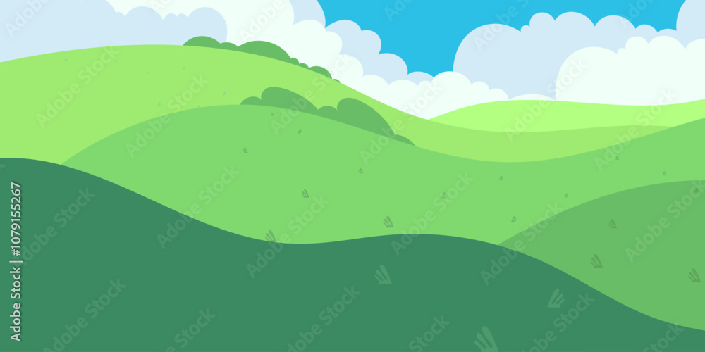 Fototapeta premium Cartoon Landscape with Rolling Green Hills and Fluffy Clouds - Eco-Friendly Theme 