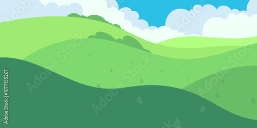 Cartoon Landscape with Rolling Green Hills and Fluffy Clouds - Eco-Friendly Theme
