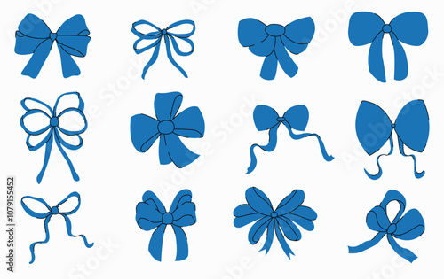 A collection of hand-drawn ribbon bows. The blue bows for Christmas gifts, gift cards and luxury packaging, isolated on white background