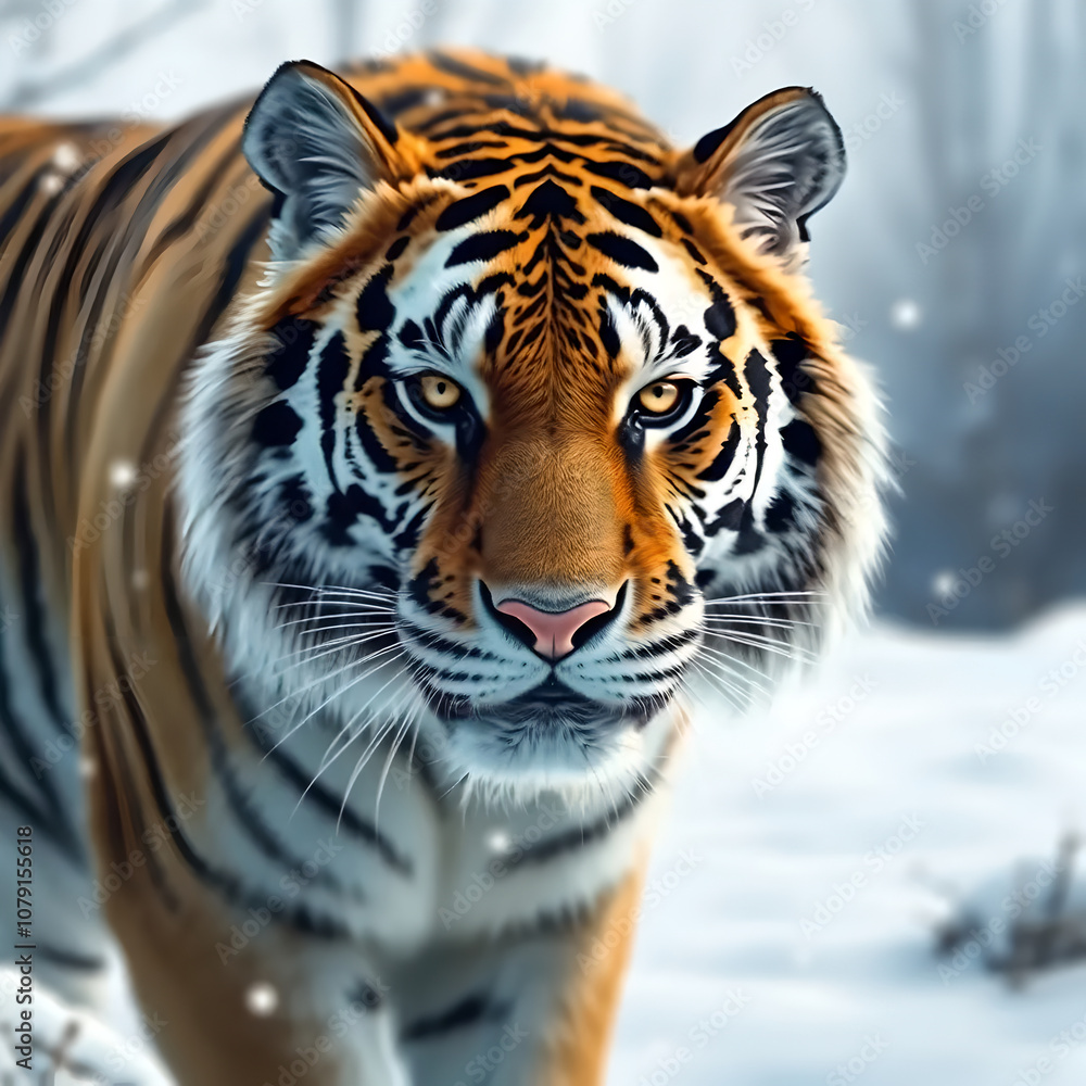 Fototapeta premium Portrait of a Siberian tiger with snow background