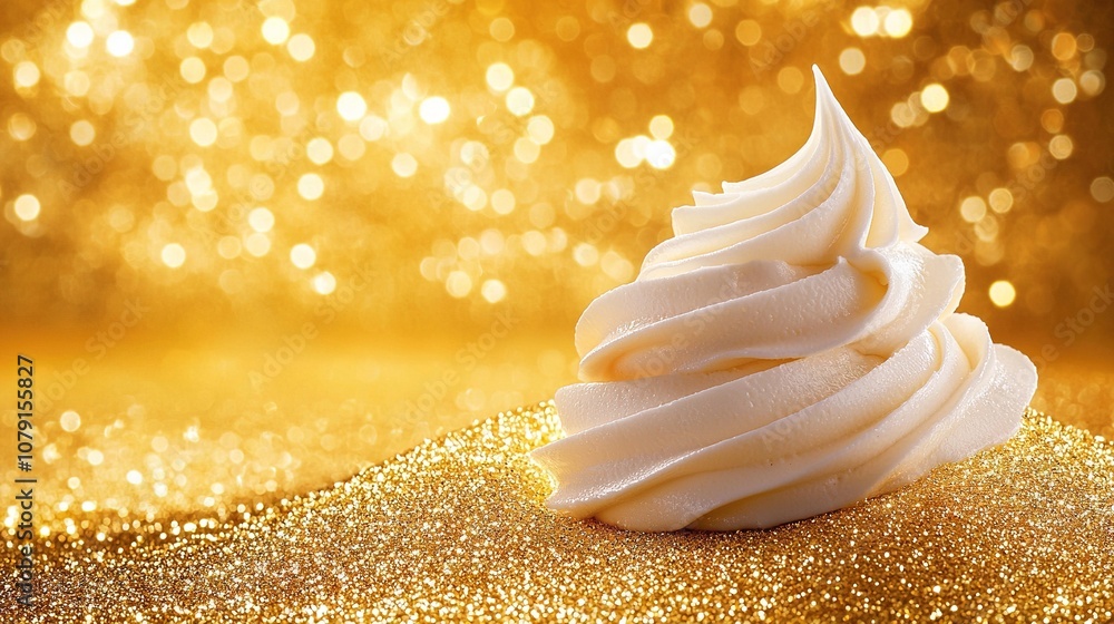 A gleaming golden cupcake adorned with pure white frosting and shimmering glitter, set against the backdrop of glistening lights A gleaming golden cupcake adorned with pure white frosting and shimmering glitter, set against the backdrop of glistening lights