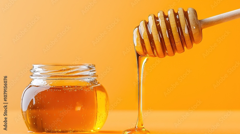 Honey jar filled with honey and wooden dipper on yellow background, honey pouring out Honey jar filled with honey and wooden dipper on yellow background, honey pouring out