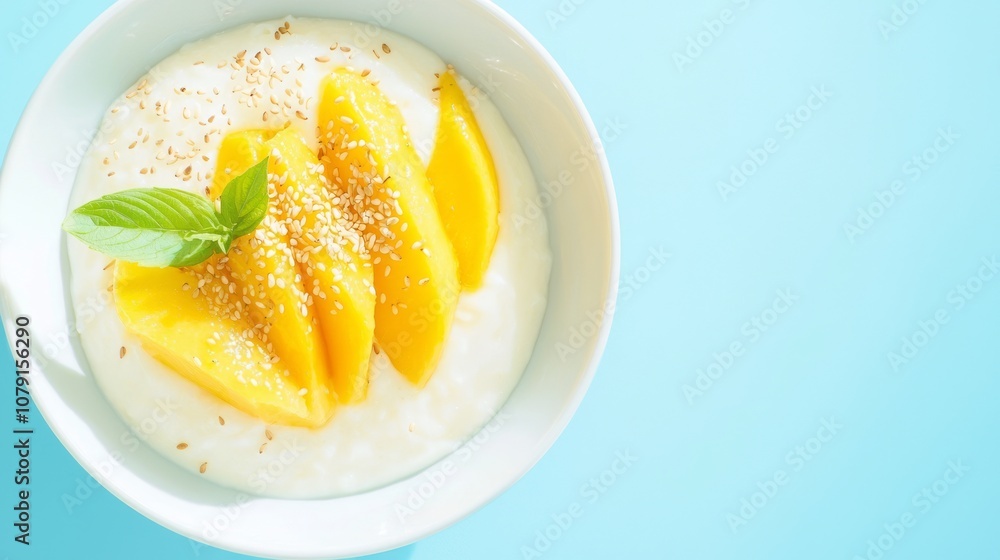 Vibrant Thai Mango Sticky Rice Dessert Delight with Coconut Sauce and Sesame Seeds - Top View Food Photography Vibrant Thai Mango Sticky Rice Dessert Delight with Coconut Sauce and Sesame Seeds - Top View Food Photography