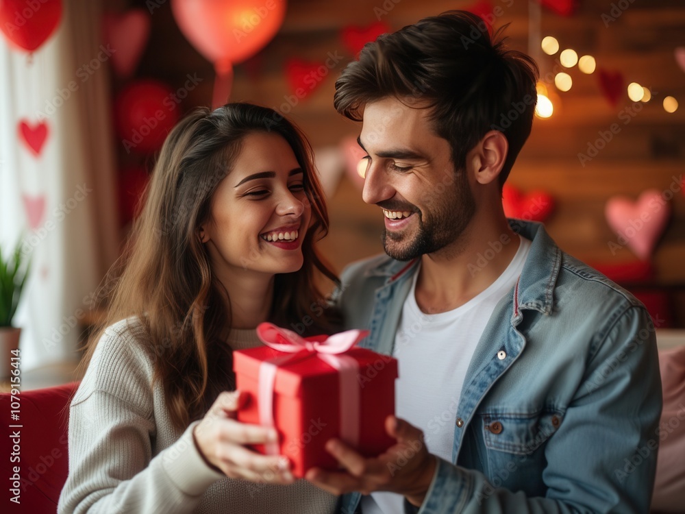 A cheerful couple shares a heartfelt moment as the man gives a red gift box to his smiling partner in a warmly lit room decorated with heart motifs A cheerful couple shares a heartfelt moment as the man gives a red gift box to his smiling partner in a warmly lit room decorated with heart motifs