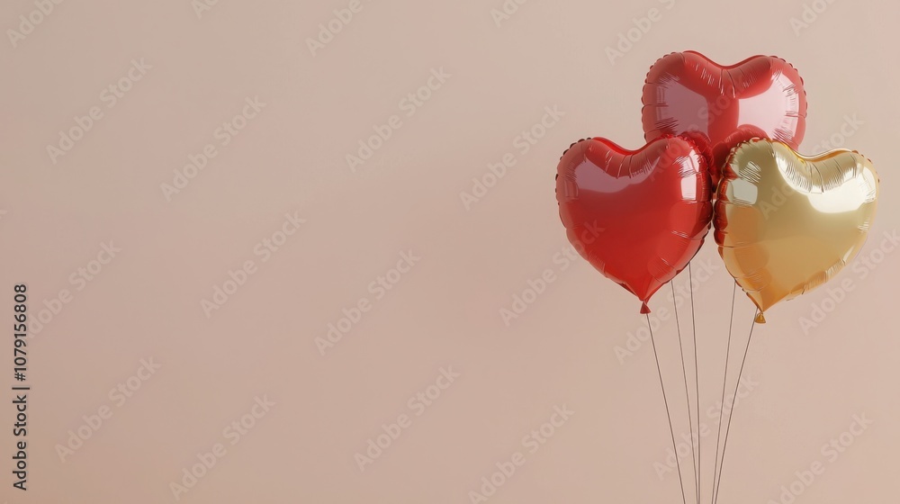 Three shiny heart-shaped balloons, two red and one gold, float against a light beige background, creating a festive and cheerful atmosphere. Three shiny heart-shaped balloons, two red and one gold, float against a light beige background, creating a festive and cheerful atmosphere.