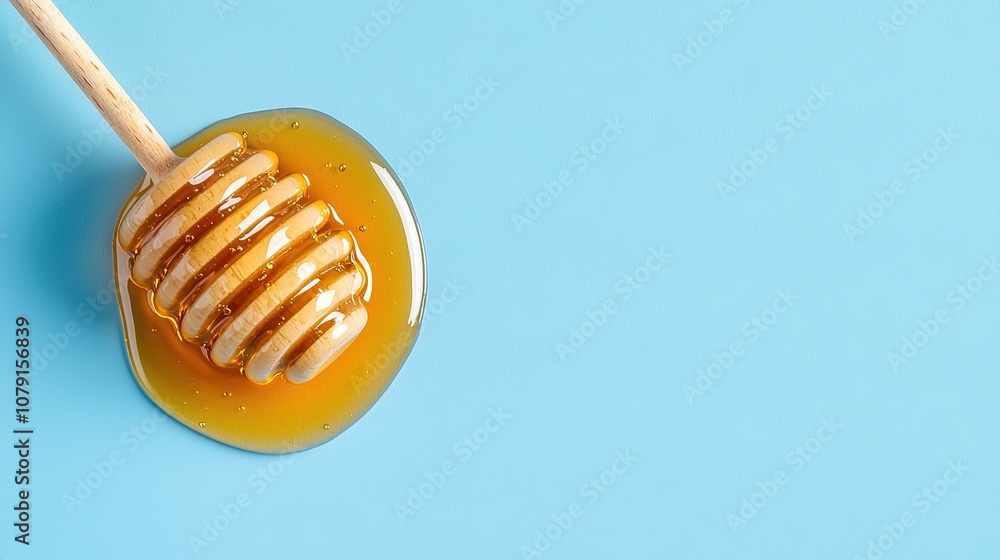 A wooden spoon holding honey on a blue background with an extra drizzle of honey on top A wooden spoon holding honey on a blue background with an extra drizzle of honey on top