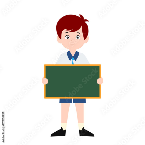 boy different pose activity school isolated on white background, uniform school white blue