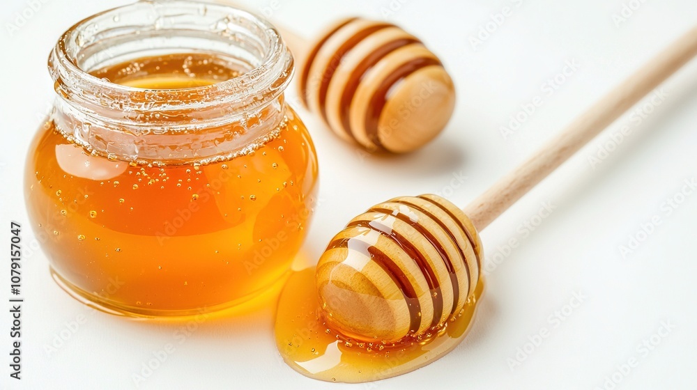A close-up of a jar of honey and a wooden spoon with a honey dipper on a white surface A close-up of a jar of honey and a wooden spoon with a honey dipper on a white surface