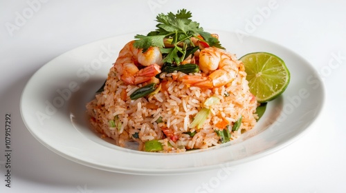 Vibrant Thai Fried Rice with Shrimp and Vegetables Arrangement from Above