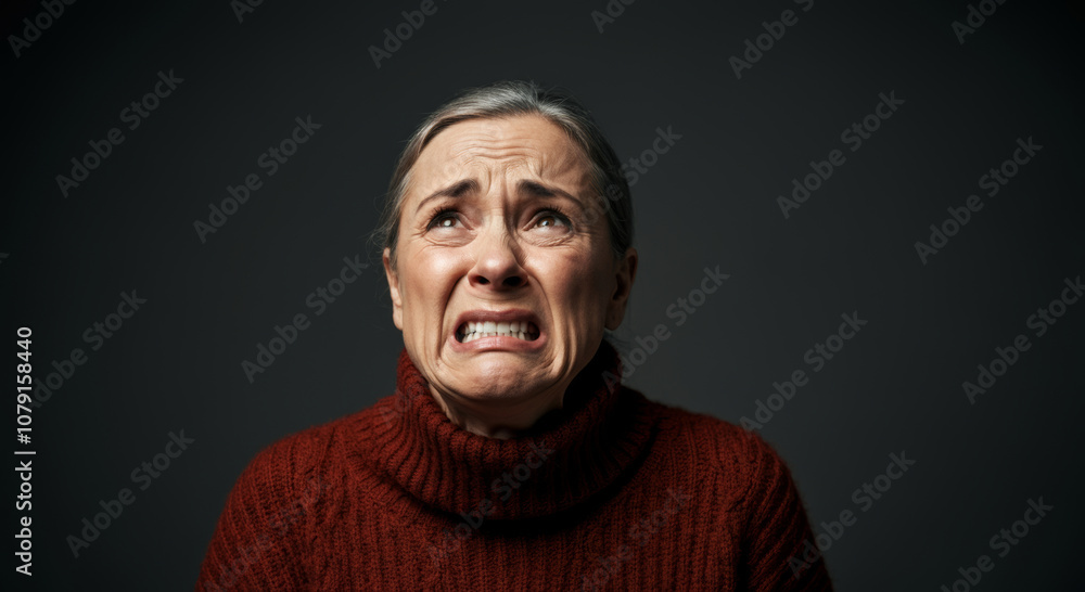 Dramatic portrait of distressed elderly woman in red sweater against dark background Dramatic portrait of distressed elderly woman in red sweater against dark background