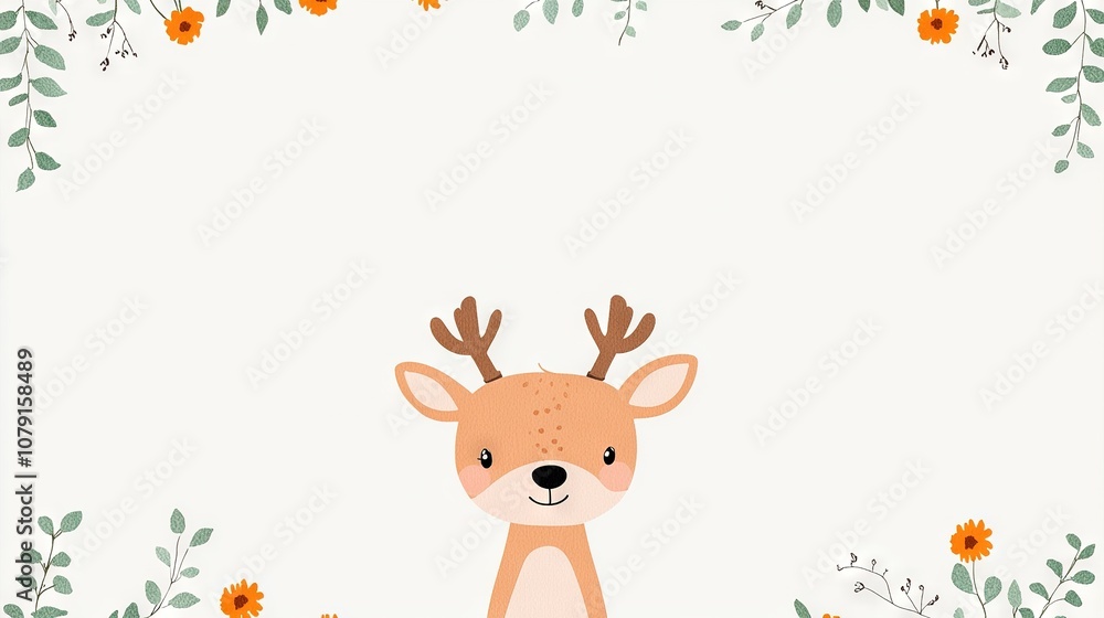 A deer adorned with antlers grazes against an orange backdrop of white flowers A deer adorned with antlers grazes against an orange backdrop of white flowers
