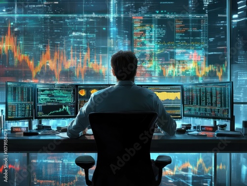 Man broker analyizing chart and stock market performance forecas photo