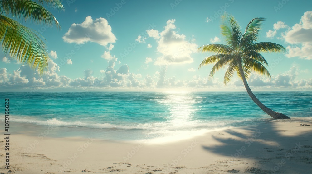 Tropical beach with palm trees and blue ocean. Tropical beach with palm trees and blue ocean.