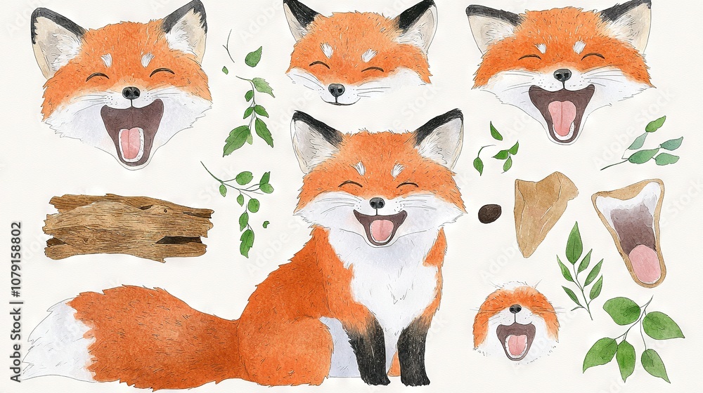 A fox with its mouth open sits beside a tree branch, while another fox does the same A fox with its mouth open sits beside a tree branch, while another fox does the same