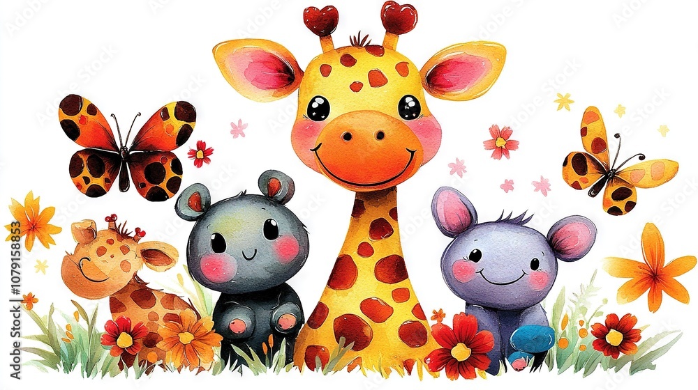 A painting depicts a giraffe, zebra, and two tiny creatures amidst a flower-filled and butterfly-rich meadow A painting depicts a giraffe, zebra, and two tiny creatures amidst a flower-filled and butterfly-rich meadow