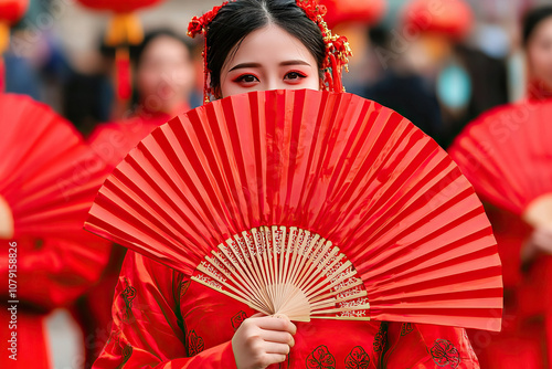 woman in red outfit holding fan, surrounded by others in red attire, showcasing cultural celebration and vibrant colors photo