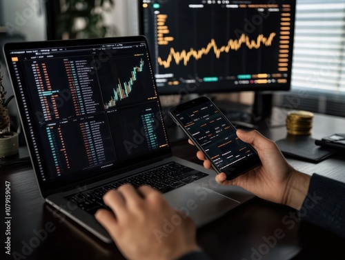 Man holding. smartphone in hand and working on laptop, financial bitcoin crypto graph data trade. Business work on his computer at office desk, Typing keyboard detail.