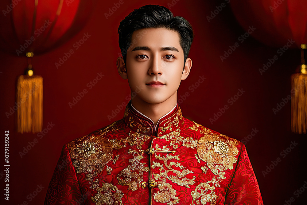 Portrait of young man in traditional red Chinese outfit, exuding confidence and elegance. background features red lanterns, enhancing festive atmosphere Portrait of young man in traditional red Chinese outfit, exuding confidence and elegance. background features red lanterns, enhancing festive atmosphere