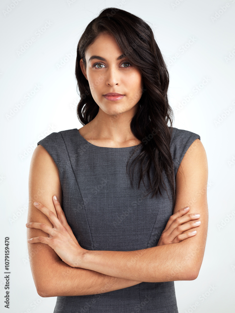 Realtor, studio and portrait of woman with confidence, business ambition and real estate agent. Consultant, professional or businesswoman with pride, opportunity and arms crossed on white background Realtor, studio and portrait of woman with confidence, business ambition and real estate agent. Consultant, professional or businesswoman with pride, opportunity and arms crossed on white background