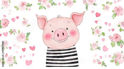  A painting depicts a pig adorned in a striped shirt, surrounded by hearts and flowers