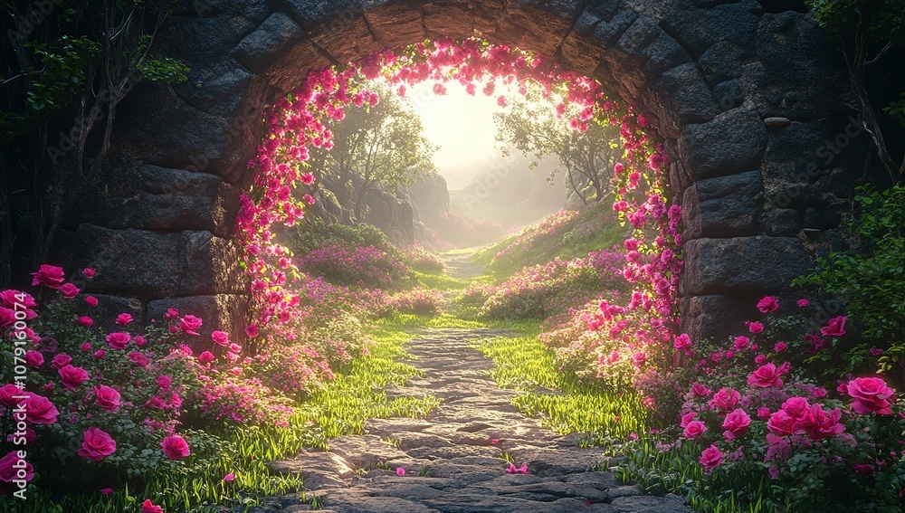 Obraz premium A stone archway covered in pink roses frames a path leading into a garden bathed in soft sunlight.
