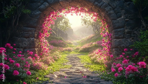 Fototapeta Naklejka Na Ścianę i Meble -  A stone archway covered in pink roses frames a path leading into a garden bathed in soft sunlight.
