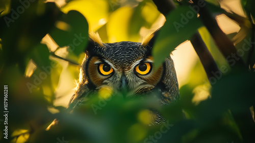 Closeup of an owls piercing yellow eyes hidden among vibrant green leaves in a natural forest setting photo