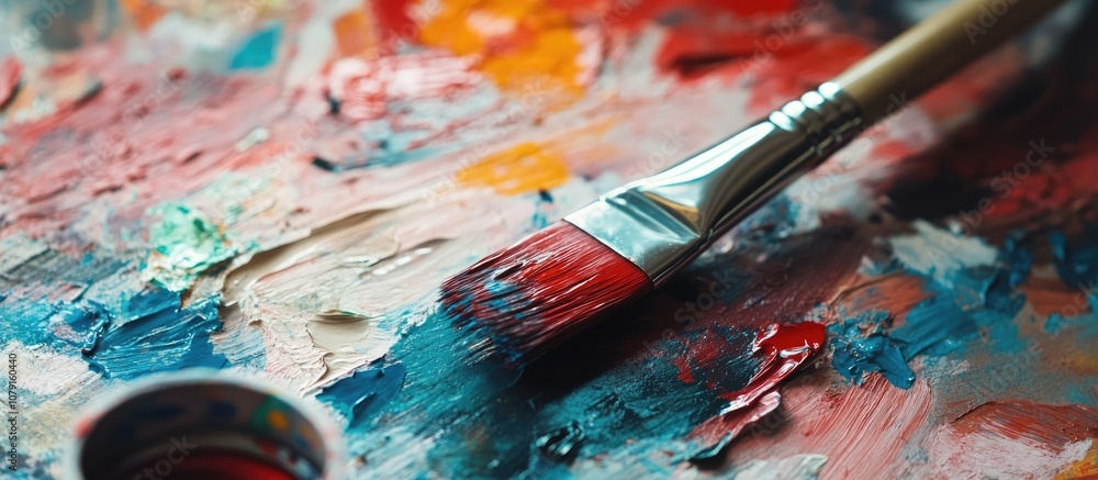 Fototapeta premium Close up of a red paintbrush resting beside an open paint can showcasing artistry and creativity