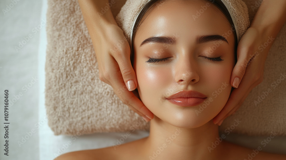 A woman receives a relaxing facial massage in a spa, her eyes closed and expression serene. The gentle touch of the masseuse's hands works wonders on her skin A woman receives a relaxing facial massage in a spa, her eyes closed and expression serene. The gentle touch of the masseuse's hands works wonders on her skin