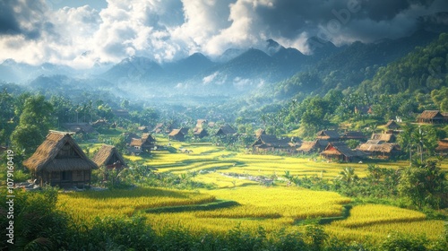 Tranquil Village Nestled in a Lush Green Valley with Golden Rice Fields and a Misty Mountain Background