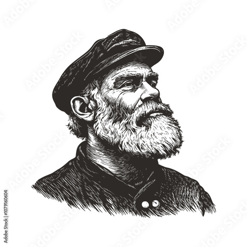 Old sailor, old captain, fisherman portrait hand drawn engraved vintage style vector illustration isolated